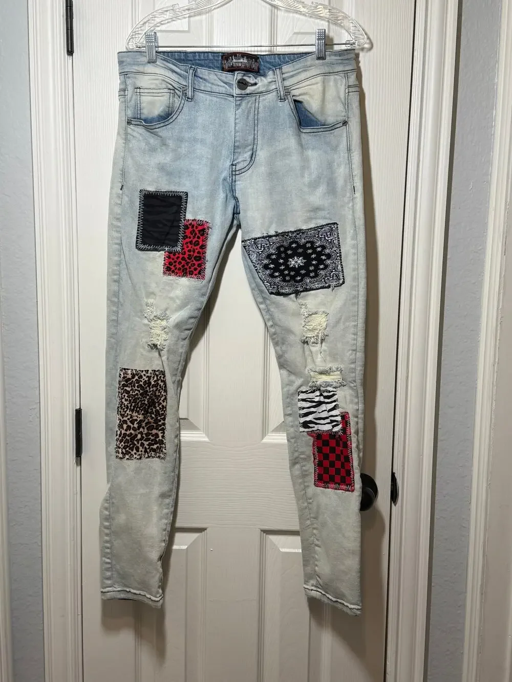 Denim City Patchwork Jeans Waist 34 Y2K Grunge Distressed Multi Print